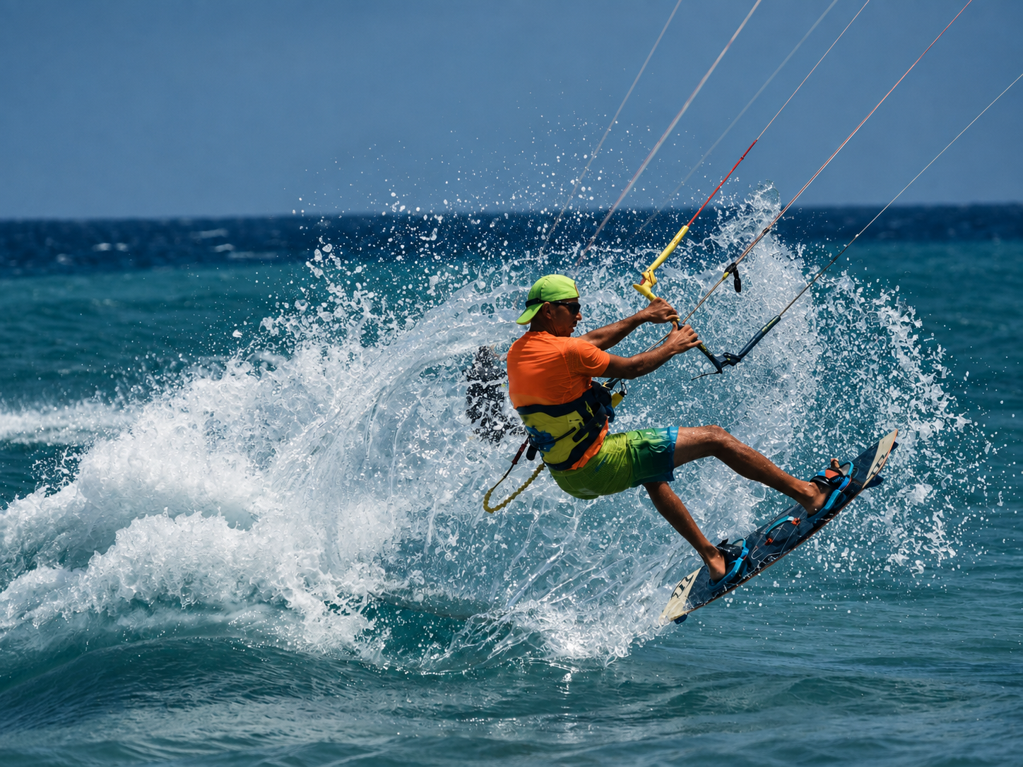 Mike Karame controlling a kite while carving through a wave